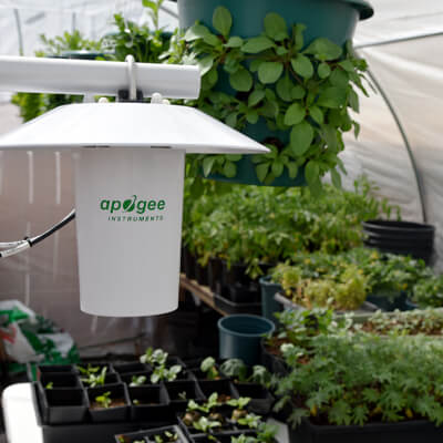 Apogee TS-100 aspirated radiation shield in a greenhouse.